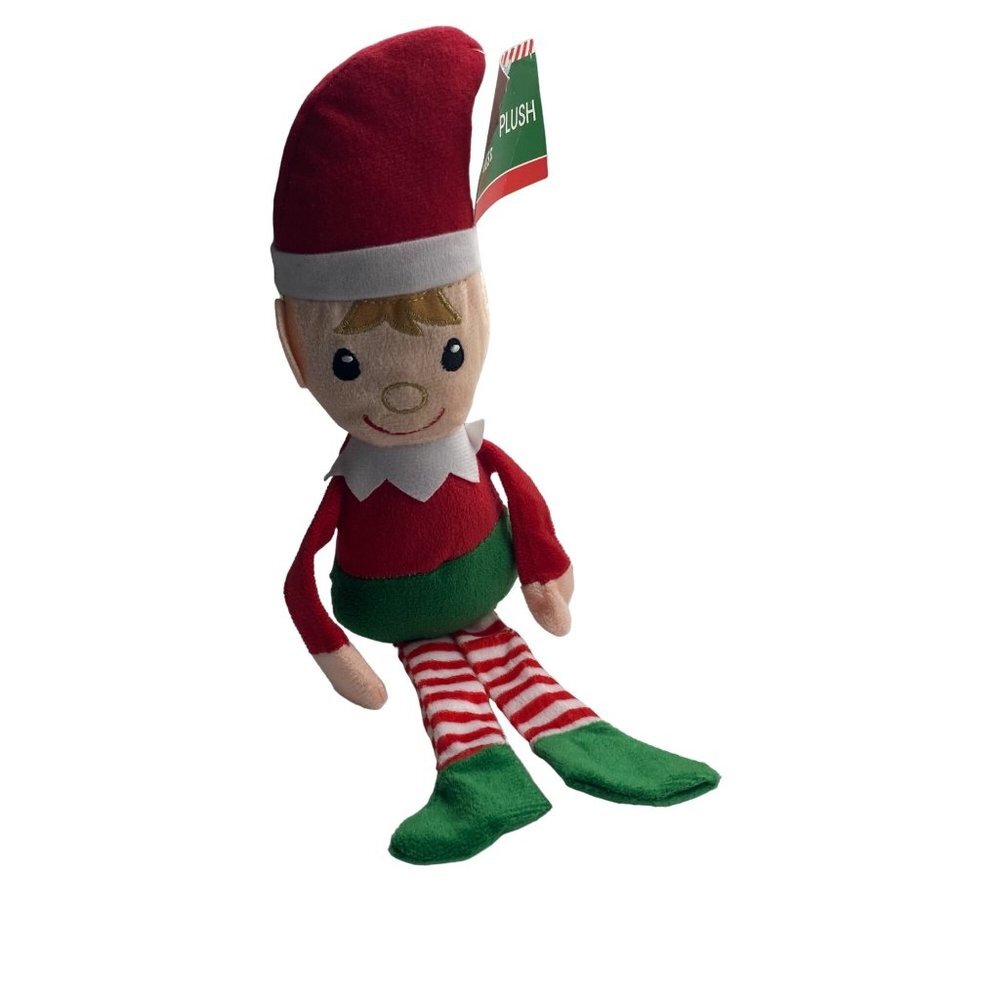 Christmas House Blonde Boy Elf Plush Stuffed Doll 14" Long Striped Socks NEW NWT